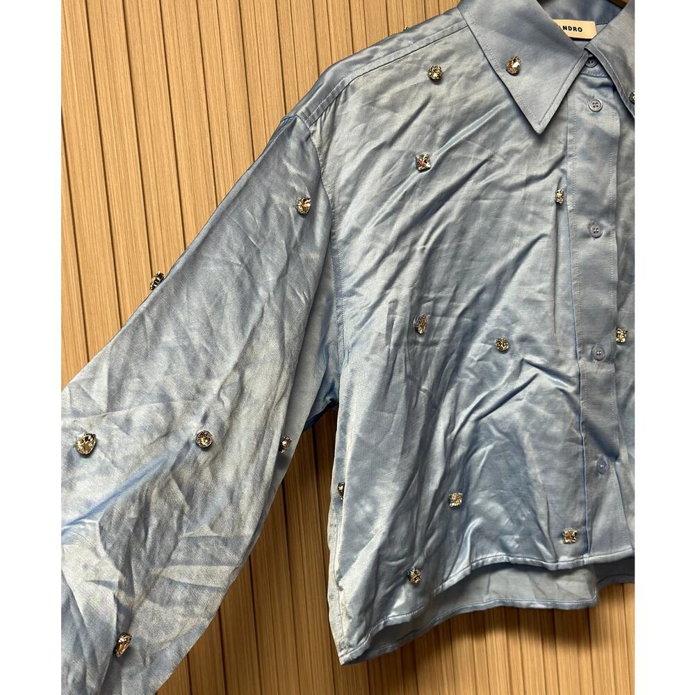 Sandro Paris Satiny Rhinestone Shirt in Sky Blue Size S - Picture 5 of 15